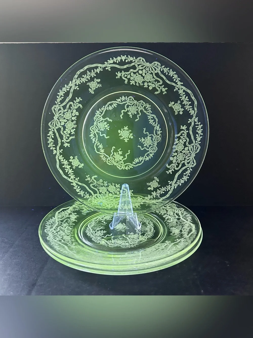 Fostoria ROMANCE Set of 3 Clear Etch #341 Luncheon Plates 8.5